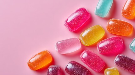 Poster - Row of colorful gummy bears are arranged on a pink background. The gummy bears come in a variety of colors, including pink, yellow, and orange. Concept of fun and playfulness