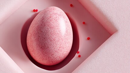 Poster - Pink egg with red spots on it. The egg is sitting in a white space. The egg is surrounded by red dots