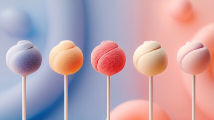 Poster - Row of colorful lollipops on sticks. The lollipops are of different colors and sizes, and they are arranged in a row. The image has a playful and colorful mood