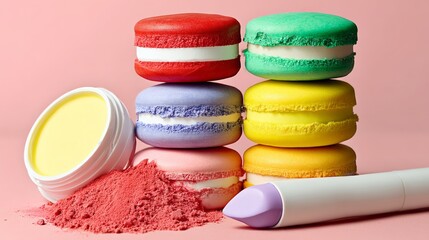 Poster - Row of colorful macarons and a makeup brush. The macarons are in various colors and are piled on top of each other. The makeup brush is white and is placed next to the macarons