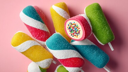 Poster - Colorful assortment of candy sticks with a hole in the middle. The candy sticks are in various colors and sizes, and they are piled on top of each other. Scene is playful and fun