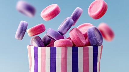 Poster - Bunch of colorful gummy bears are flying out of a purple and white striped basket. The basket is filled with a variety of gummy bears, including some purple and pink ones. The scene is playful