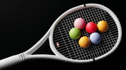 Poster - Tennis racket with a bunch of colorful balls on it. The balls are of different colors and sizes, and they are arranged in a pattern on the racket. Concept of playfulness and fun