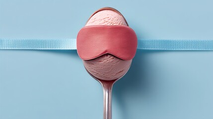 Poster - Spoon with a pink ice cream ball on top of it. The spoon is resting on a blue ribbon