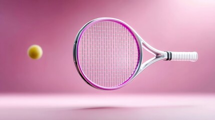 Poster - Tennis racket with a pink handle and a yellow ball in the air. The racket is suspended in the air, giving the impression of a tennis match in progress