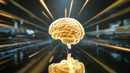 Poster - Mind's Illuminated Journey: An illuminating, golden human brain, radiating streams of light, suspended in a digital, futuristic, high-tech world.
