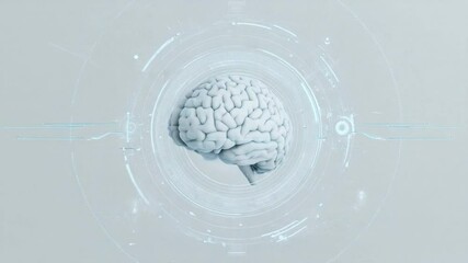 Poster - Human Brain in Digital Interface: A detailed 3D model of a human brain is centrally positioned within a translucent, circular digital interface.