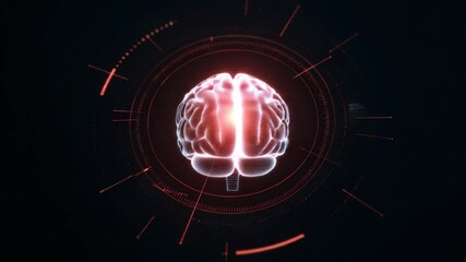 Poster - Brain in the digital realm: An illuminated brain, centered against a dark background, is encircled by digital rings and lines that hint at advanced technology.