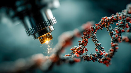 Poster - Close-up of a DNA strand being analyzed under a high-resolution microscope in a scientific laboratory