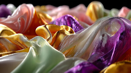 Poster - Vibrant multicolored translucent fabric in soft folds, blending rainbow shades in an abstract flow
