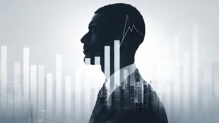 Poster - Strategic Visionary: A double exposure image of a businessman's profile superimposed over a cityscape and financial charts, symbolizing ambition, strategic thinking, and urban success. 
