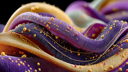 Poster - Highly detailed fabric texture in rich purple with golden stripes and tiny bead embellishments, creating a luxurious and elegant visual