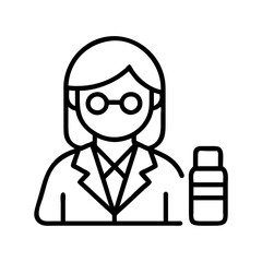 Poster - female scientist researcher with lab coat and medicine bottle vector line icon illustration design