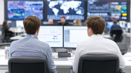 Poster - Analysts Monitoring Global Market Trends In A Private Equity Firm - Financial analysts review data, global markets, investment strategies, risk assessment