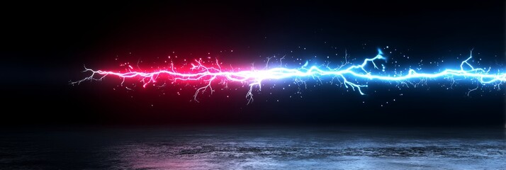 Poster - Clashing Energies - Abstract of red and blue electrical energy clashing, creating a dramatic visual effect. Perfect for backgrounds or design projects