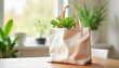 © Vera - Eco-friendly bag with potted plant on wooden table, sustainable living