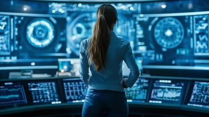 Poster - Tech Oversight: A tech-savvy individual, immersed in the intricate details of advanced technology, observes the data displays, representing expertise and technological sophistication.