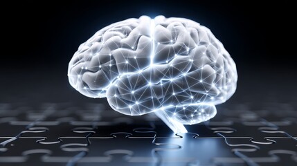 Poster - Human Brain Puzzle Solution - Glowing brain model sits atop a puzzle, symbolizing problem-solving and intelligence. Abstract concept