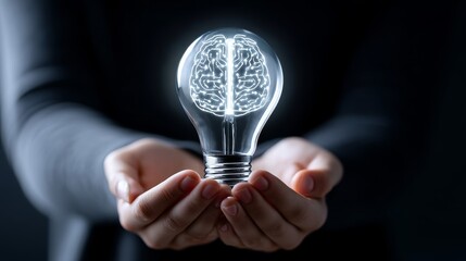Poster - Illuminated Mind: Holding the Power of Ideas - A person's hands gently cradle a glowing light bulb, its filament shaped like a brain. This symbolizes intellect, innovation, knowledge, potential