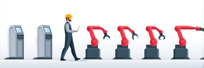 Poster - Industrial Automation: Engineer Monitoring Robotic Assembly Line - Industry 4.0, robotic automation, factory efficiency, streamlined production