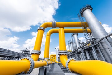 Poster - industrial gas pipeline infrastructure - modern gas pipeline infrastructure under a bright blue sky 