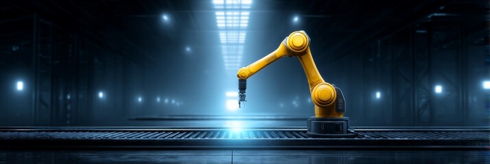Poster - Industrial Robot Arm in Factory Setting - A yellow robotic arm in a dimly lit factory environment, poised above a conveyor belt. Modern automation technology