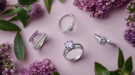 Poster - Diamond-studded wedding collection with soft edges laid out on muted mauve surface