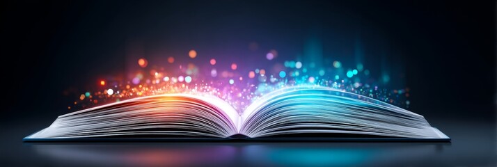 Poster - Magical Book of Enchantment - Open book with magical glowing particles emanating from its pages, dark background. Perfect for fantasy, education, or knowledge concepts