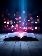 Poster - Magical Open Book Glowing - An open book rests on a wooden surface, emitting a magical glow surrounded by bokeh lights