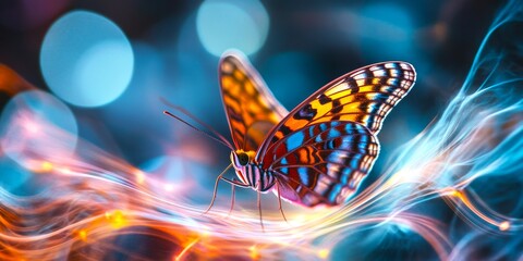Aufkleber - a stunning butterfly flutters among bright, colorful swirls of light. this artistic image captures t