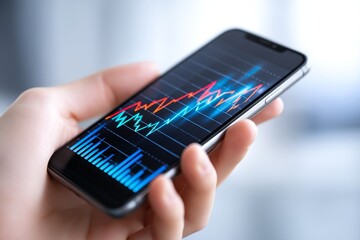 Poster - Mobile Market Data Analysis - Close-up of a hand holding a smartphone displaying a dynamic market graph, illustrating financial data on the go