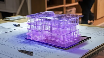 Poster - high-tech desk with tablet projecting d ar model of a building, surrounded by technical drawings