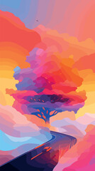 Wall Mural - colorful abstract landscape with tree and road under vibrant sky flat vector illustration