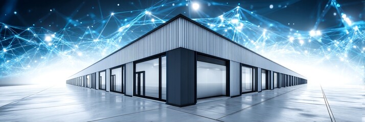 Poster - Modern Warehouse Logistics Network Building - Efficient distribution, global connectivity, advanced technology, streamlined operations, secure supply chain. Symbolizing modern warehouse logistics