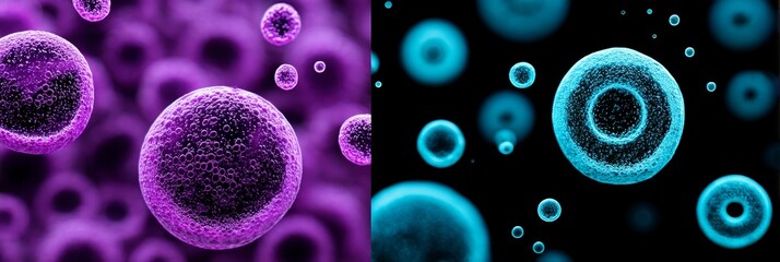 Poster - Neon Microbes in Motion: Microscopic Organisms - Vibrant purple and blue cells, microscopic life, glowing energy, scientific discovery, cellular structures