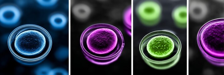 Poster - Neon Microbes in Motion: Microscopic Organisms Fluorescence - Vibrant microscopic cells, glowing neon colors, scientific imagery, cellular research, life science