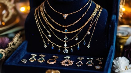 Poster - Sparkling jewelry with geometric designs displayed on navy velvet backdrop