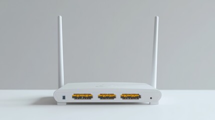Poster - Wireless router with dual antennas and LED status lights placed on white background