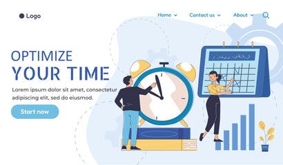 Poster - Business characters managing time with a clock and calendar on abstract background, representing productivity, planning, and efficiency. Vector illustration