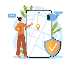 Poster - Woman using mobile GPS navigation app with map on screen, surveillance camera and shield icon for privacy, on white background. Concept of digital security. Vector illustration