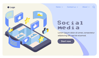 Poster - Smartphone with social media icons like thumbs up, stars, messages, and posts in isometric style on soft pastel background. Concept of digital interaction. Vector illustration