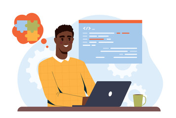 Poster - young male developer smiling while working on a laptop, with code and puzzle thought bubble, flat st