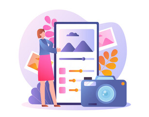 Poster - Woman adjusting image settings on a large touchscreen interface, surrounded by colorful leaves and a camera, in a modern flat style on white background. Concept of editing. Vector illustration