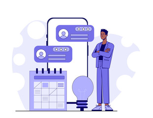 Poster - Businessman stands beside a calendar, glowing lightbulb, and rating interface cards, all in flat style on a white abstract background. Concept of productivity. Vector illustration