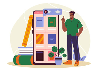Poster - A man stands beside a large smartphone showing audiobook covers, surrounded by books and a plant, on a light abstract background. Concept of digital reading. Vector illustration