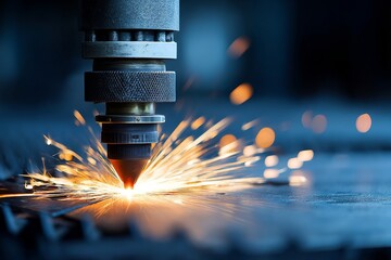 Poster - precision laser cutting technology - close-up of a laser cutter in action, sparks flying as it preci