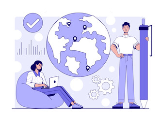 Poster - Illustration of two people with laptop and giant pen near globe with location markers, gears, and checkmark symbol on abstract background. Concept of global teamwork. Vector illustration