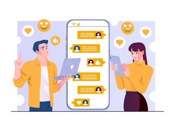 Poster - Man and woman using laptop and tablet in front of a large smartphone screen with chat bubbles and emojis, flat style on a light background. Concept of communication app. Vector illustration