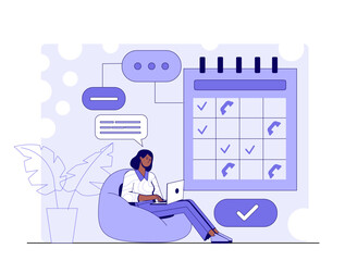 Poster - Woman sitting on bean bag working on laptop with planning calendar, dialog bubbles, and icons above. Minimal flat style on abstract background. Concept of time management. Vector illustration
