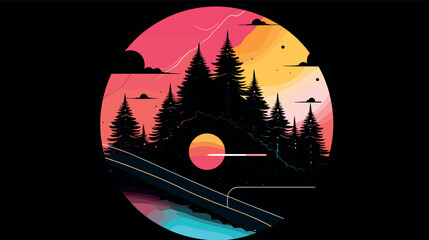Wall Mural - abstract forest landscape with sunset and pine trees in circular design flat vector illustration